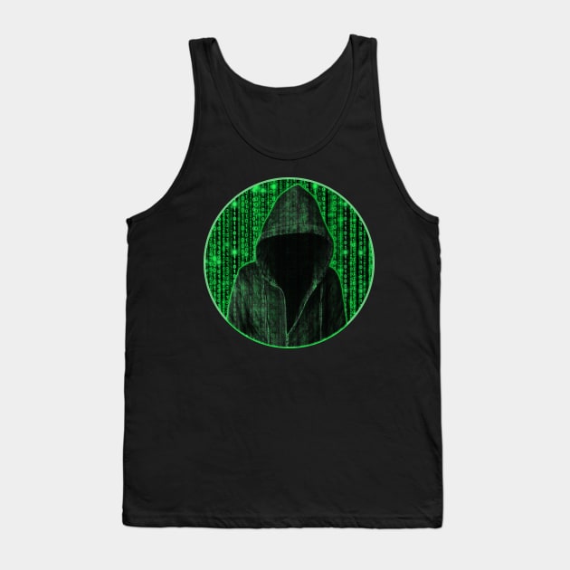 Hooded hacker in binary matrix rain Tank Top by All About Nerds